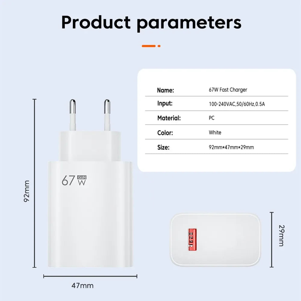 6A 67W ultra-fast wall charger is suitable for electronic universal devices with type C USB charging cable