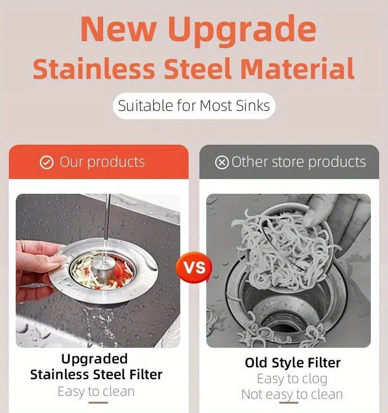 3-in-1 Stainless Steel Kitchen Sink Strainer - Pop-Up Stopper with Anti-Clogging Basket and Odor Filter, Easy Clean Drain Strain