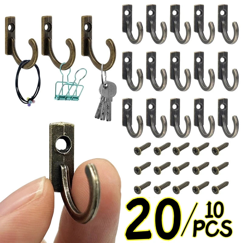 20/10PCS Mini Hook with Screws Antique Alloy Door Wall Hooks Keys Hair Rope Hanging Storage Rack Bathroom Kitchen Accessories