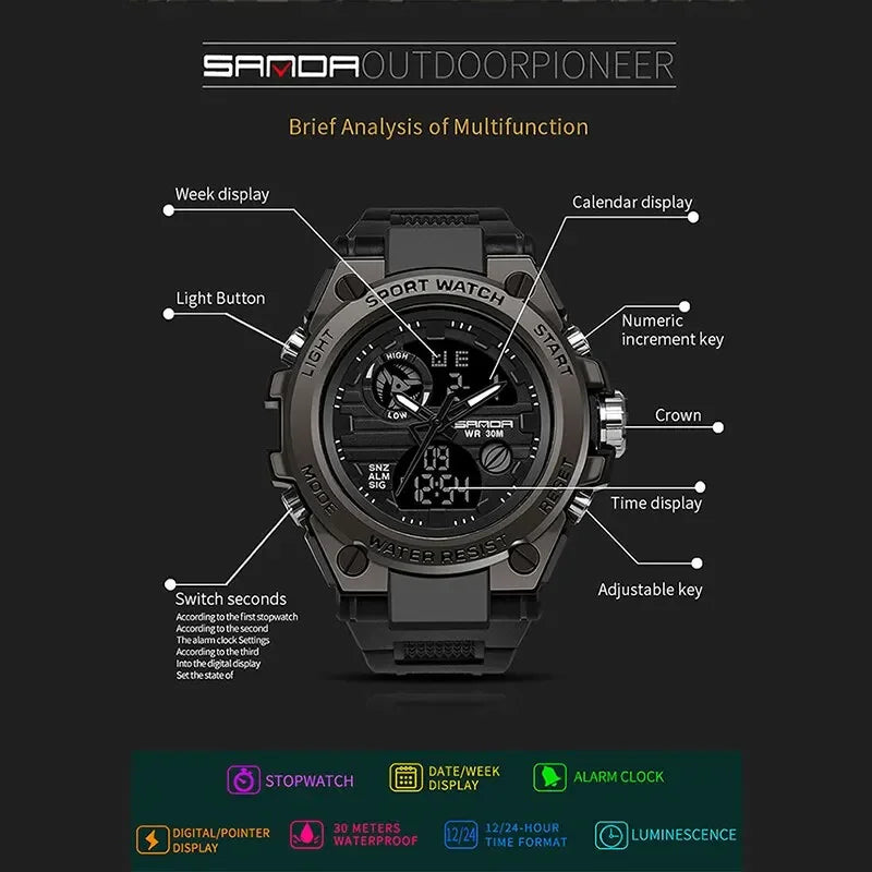 SANDA 739 Luxury Digital Quartz Watch for Men Military Army Waterproof Sport Wristwatches LED Dual Display Mens Reloj Hombre