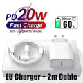 20W PD EU Plug Fast Wall Charger For iPhone 11 12 13 mini 14 Pro Max X XR XS Max USB-C Quick Charging Phone Charger PD Cable Kit
