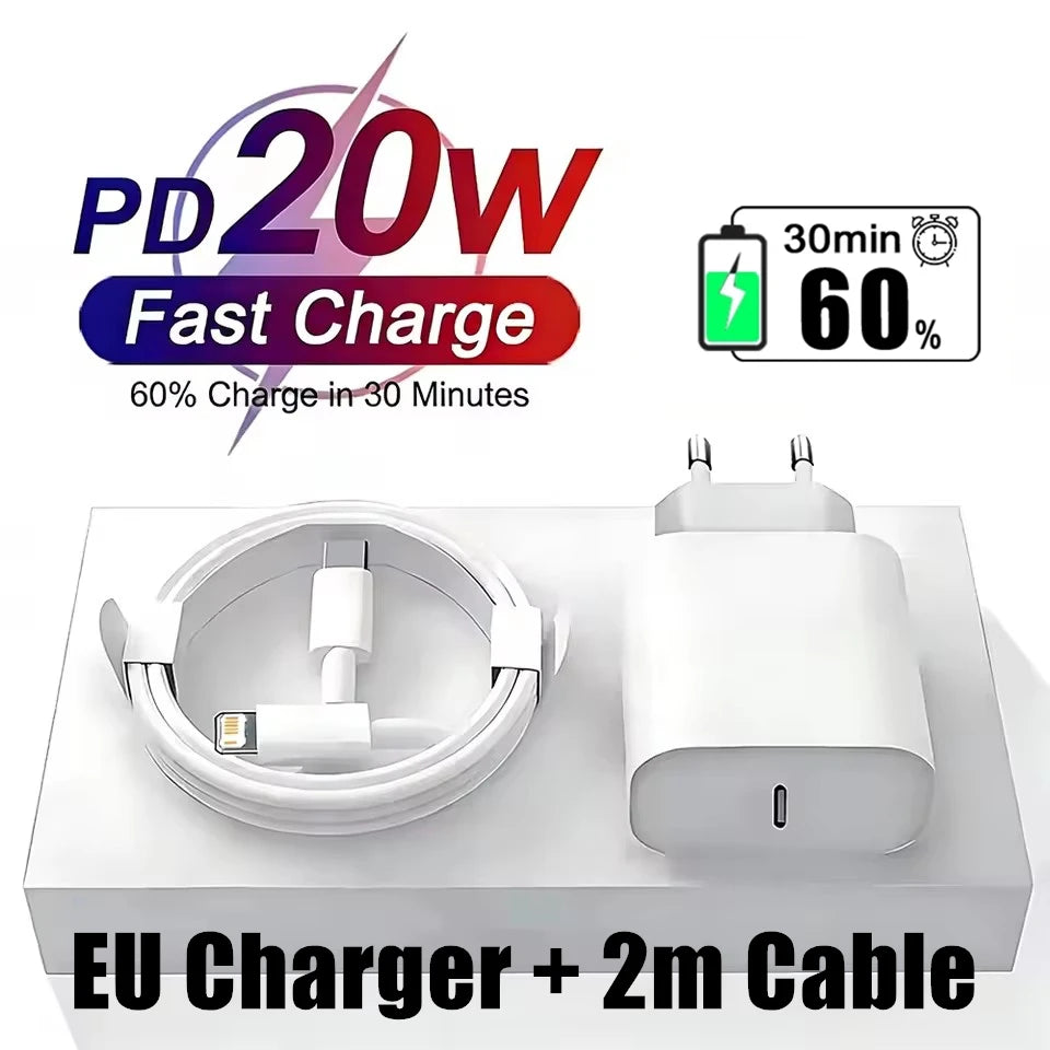 20W PD EU Plug Fast Wall Charger For iPhone 11 12 13 mini 14 Pro Max X XR XS Max USB-C Quick Charging Phone Charger PD Cable Kit