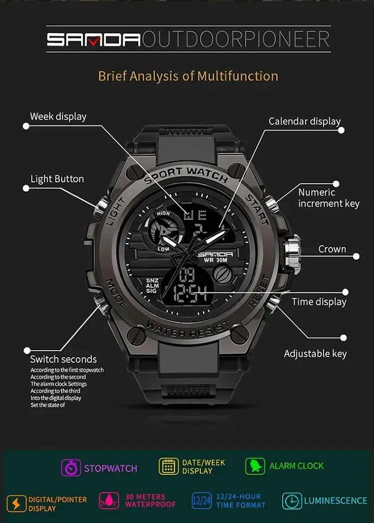 SANDA 739 Luxury Digital Quartz Watch for Men Military Army Waterproof Sport Wristwatches LED Dual Display Mens Reloj Hombre