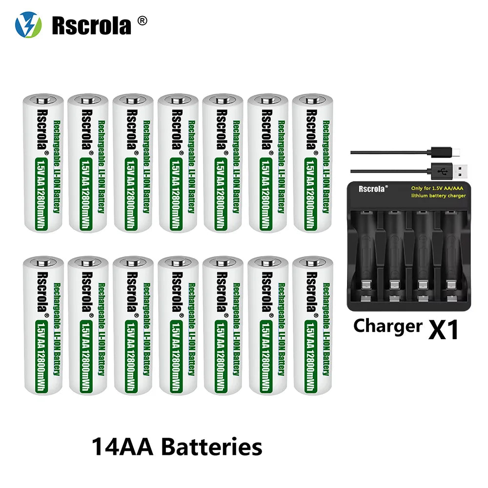 Rscrola Rechargeable 1.5V AA 12800mWh Lithium ion Battery Fast charging with Charger for Camare Clock  Mouse Fan Electric Toys
